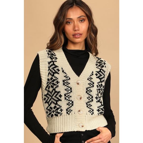 Lulu’s cream black mountain crest button up sweater knit vest size XS v neck - Picture 1 of 8